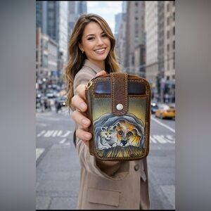 Sharif Leather Wallet with Cat and Dog Artisan hand painted